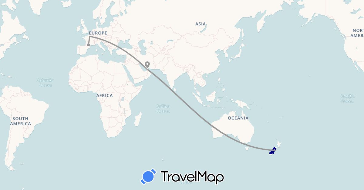 TravelMap itinerary: driving, plane in United Arab Emirates, France, New Zealand (Asia, Europe, Oceania)